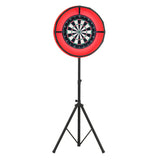 Jogo de dardos com moldura LED vermelha, suporte ajustável em preto, alvo com design clássico em branco e preto, ideal para diversão em casa
