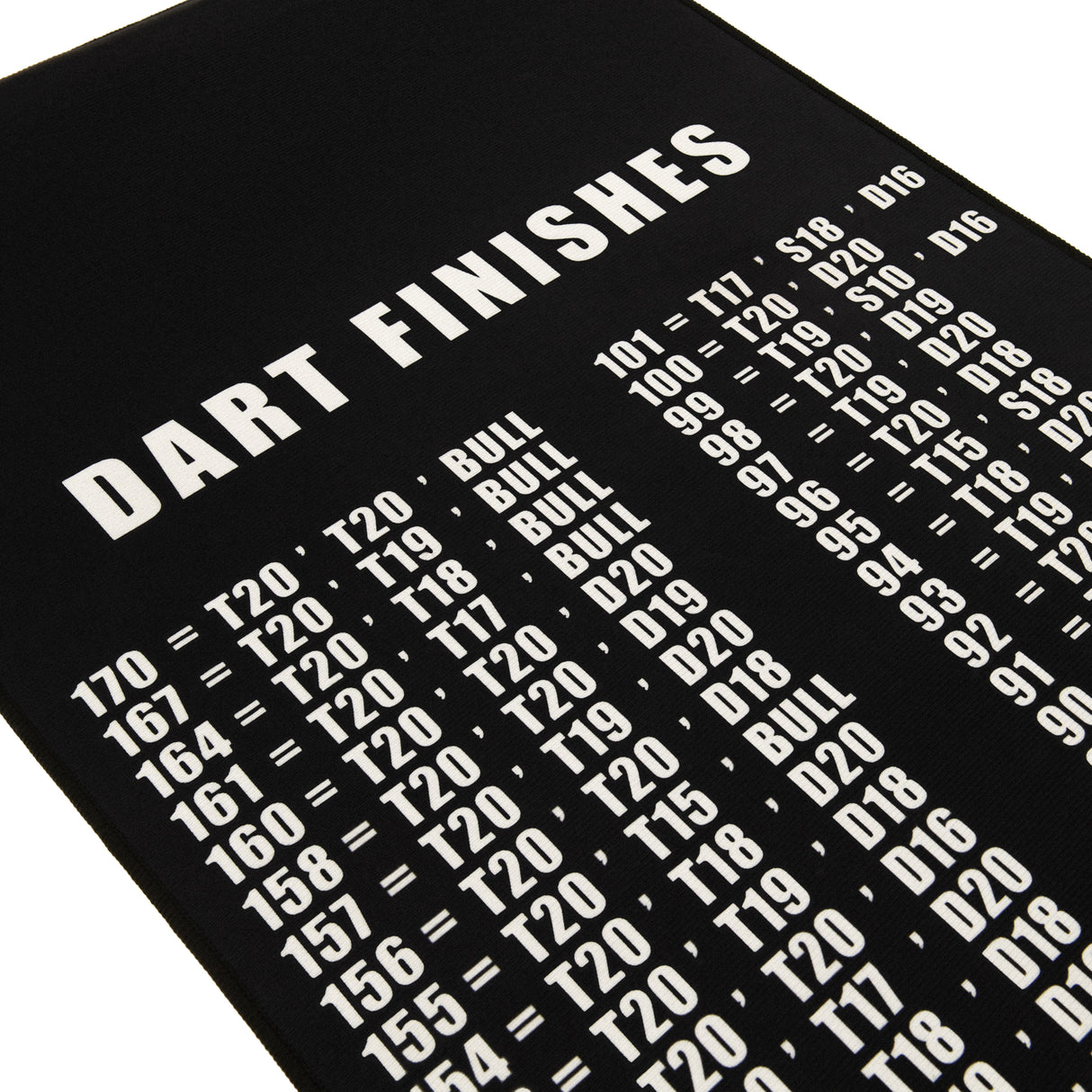 Jogo de dardos com moldura LED, fundo preto, texto branco destacando finalizações e pontuações, ideal para jogos noturnos