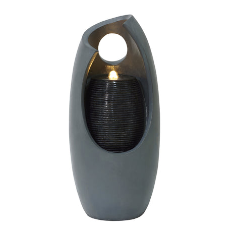 Fonte de água elétrica para jardim "Radiant Falls", com design moderno em cinza, textura suave e luz interna suave, ideal para decoração externa