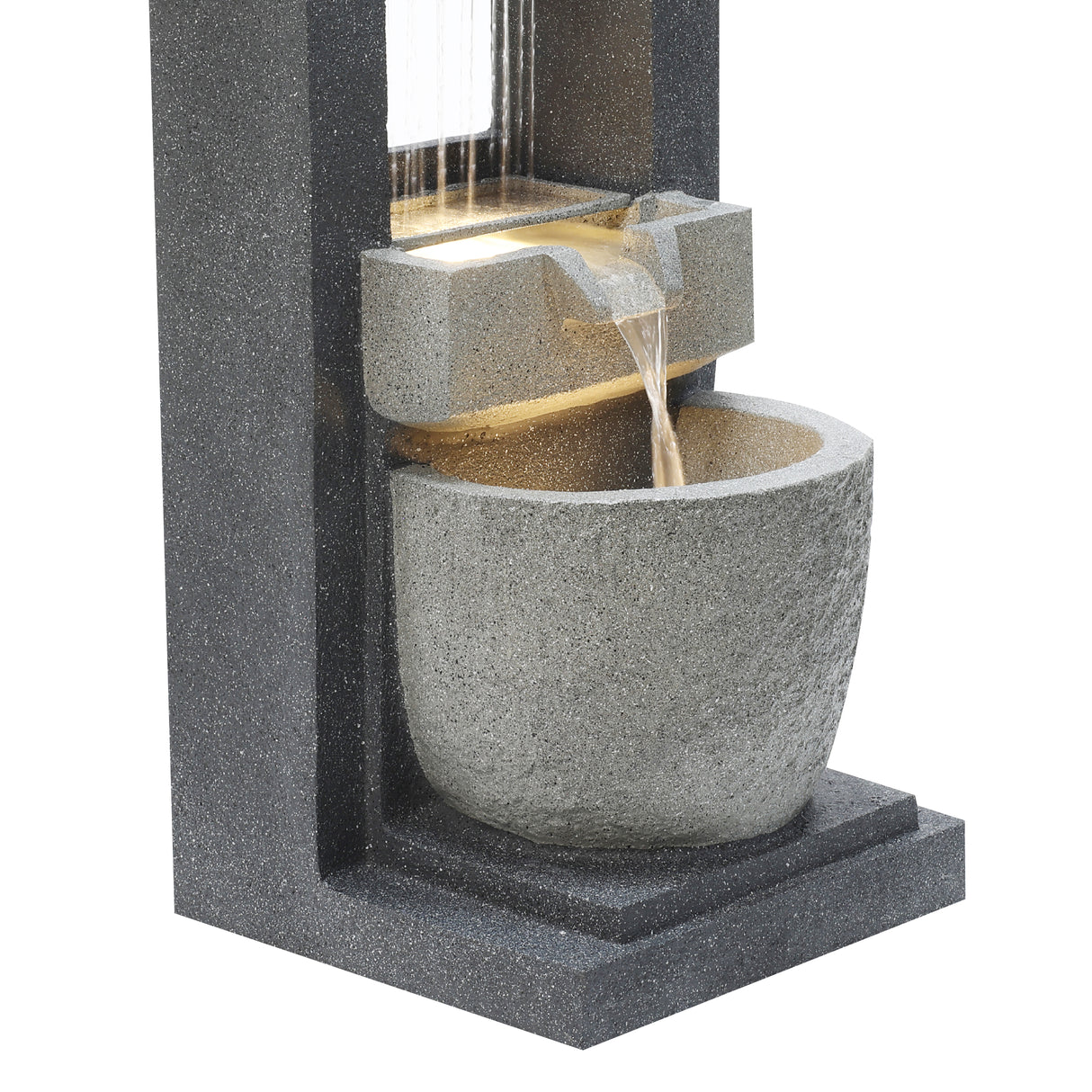 Fonte de água elétrica "Cascade Springs" em tom cinza, com texturas de pedra, jorrando água em cascata para um vaso arredondado
