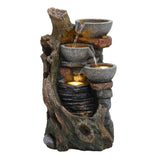 Fonte de água elétrica para jardim "Rustic Brook" com três bacias em pedra, imitando tronco de árvore, com água corrente e iluminação suave