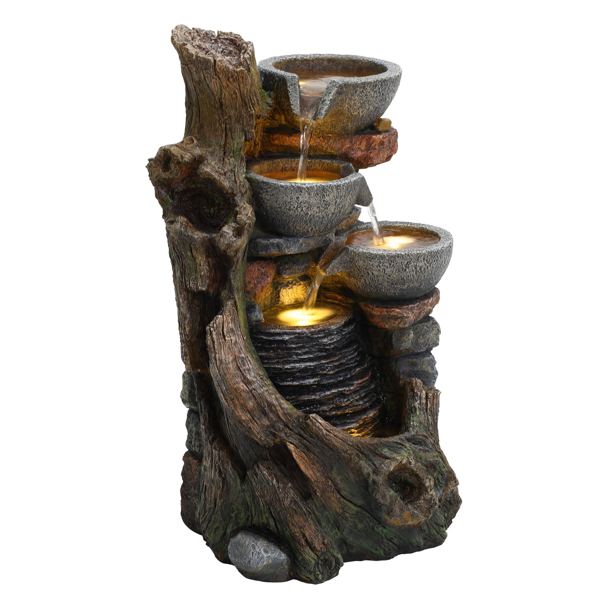 Fonte de água elétrica para jardim "Rustic Brook", com três bacias em pedra, texturas rústicas e detalhes em madeira natural