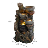 Fonte de água elétrica para jardim "Rustic Brook", com design de tronco de árvore, três bacias em pedra e água fluindo suavemente