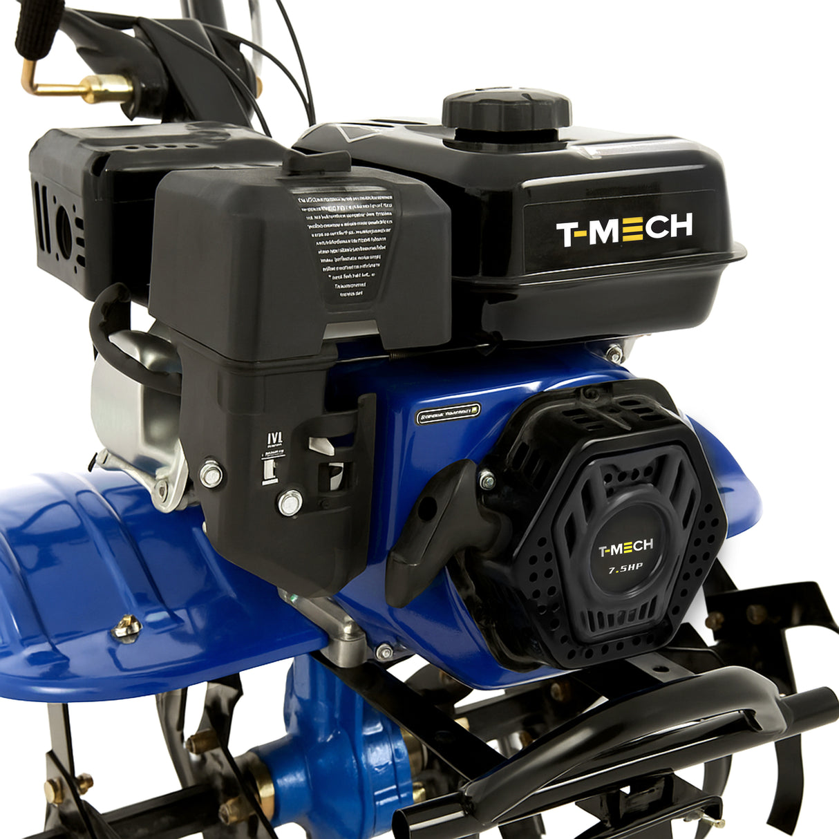 Motocultivador a gasolina T-MECH 7.5 CV com motor preto, corpo azul e detalhes em metal, ideal para jardinagem e cultivo de solo
