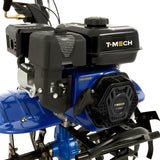 Motocultivador a gasolina T-MECH 7.5 CV com motor preto, corpo azul e detalhes em metal, ideal para jardinagem e cultivo de solo