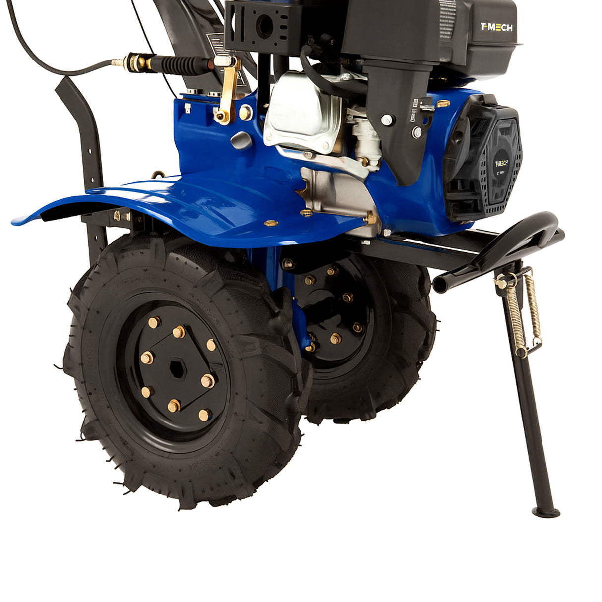 Motocultivador a gasolina 7.5 CV com rodas largas, estrutura azul brilhante, motor visível e detalhes em preto e dourado