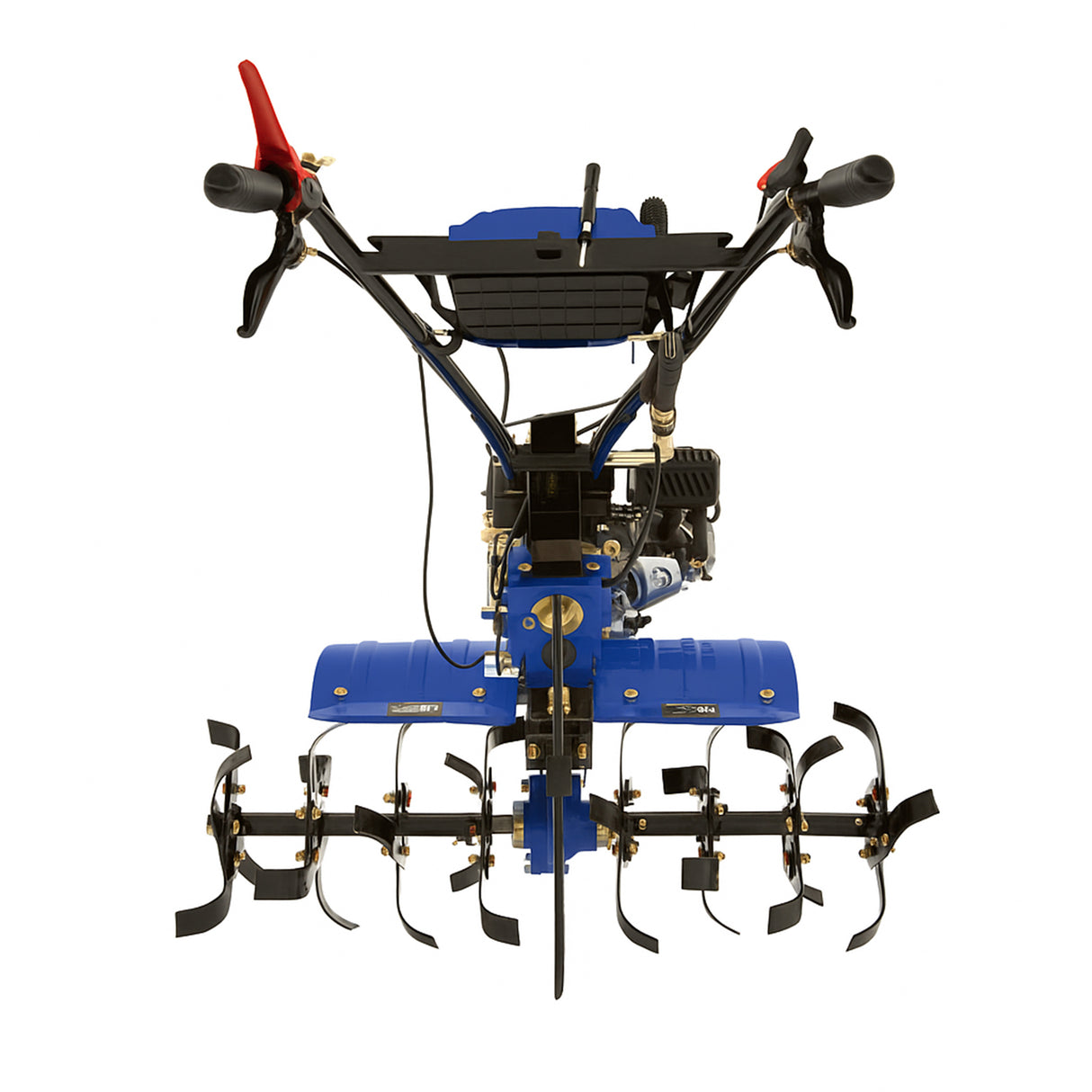 Motocultivador a gasolina 7.5 CV com estrutura azul, lâminas de metal prateado e manoplas vermelhas, ideal para cultivo de solo