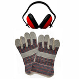 Luvas de trabalho cinzas com detalhes vermelhos e protetor auricular vermelho e preto, ideal para uso com motocultivador a gasolina