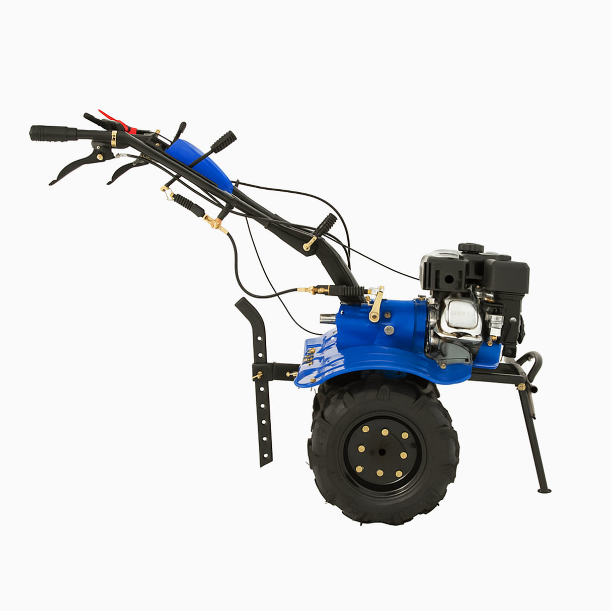 Motocultivador a gasolina 7.5 CV com estrutura azul, rodas robustas e motor visível, ideal para cultivo de solo e jardinagem