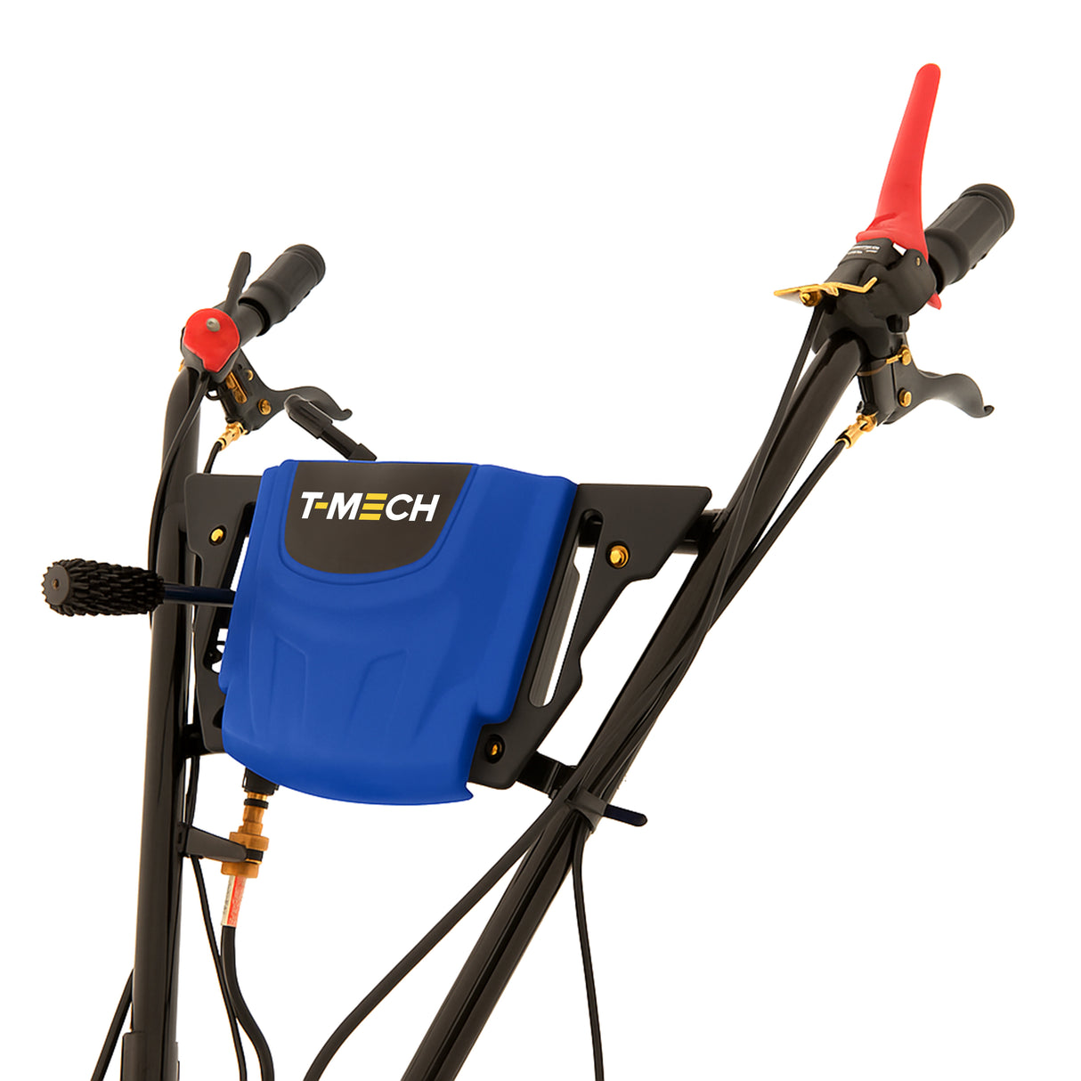 Motocultivador a gasolina T-MECH com motor de 7.5 CV, estrutura preta, detalhes em azul e manoplas ergonômicas para conforto e controle