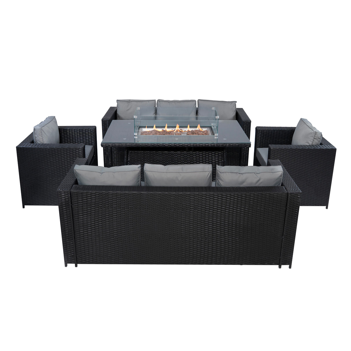 Conjunto de Jardim em Rattan 8 Lugares com Mesa de Fogo a Gás – Preto