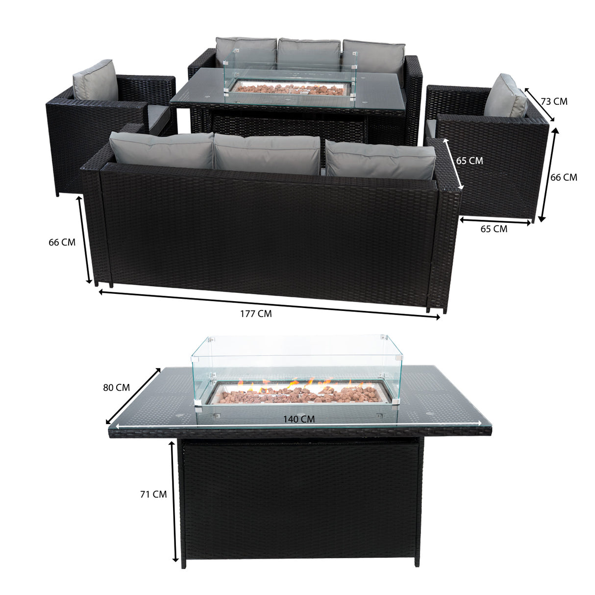 Conjunto de Jardim em Rattan 8 Lugares com Mesa de Fogo a Gás – Preto