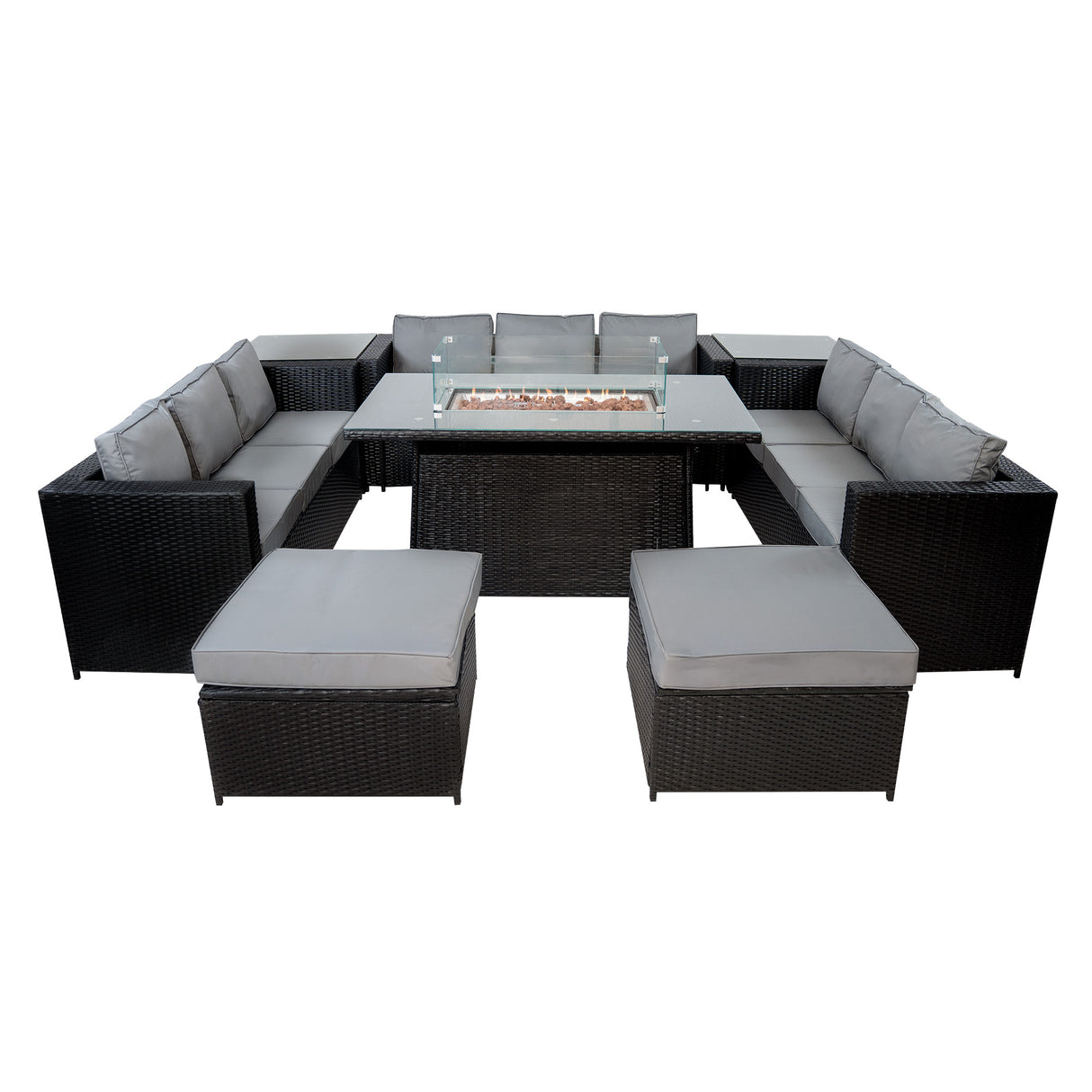 Conjunto de Jardim em Rattan 11 Lugares com Mesa de Fogo a Gás – Preto