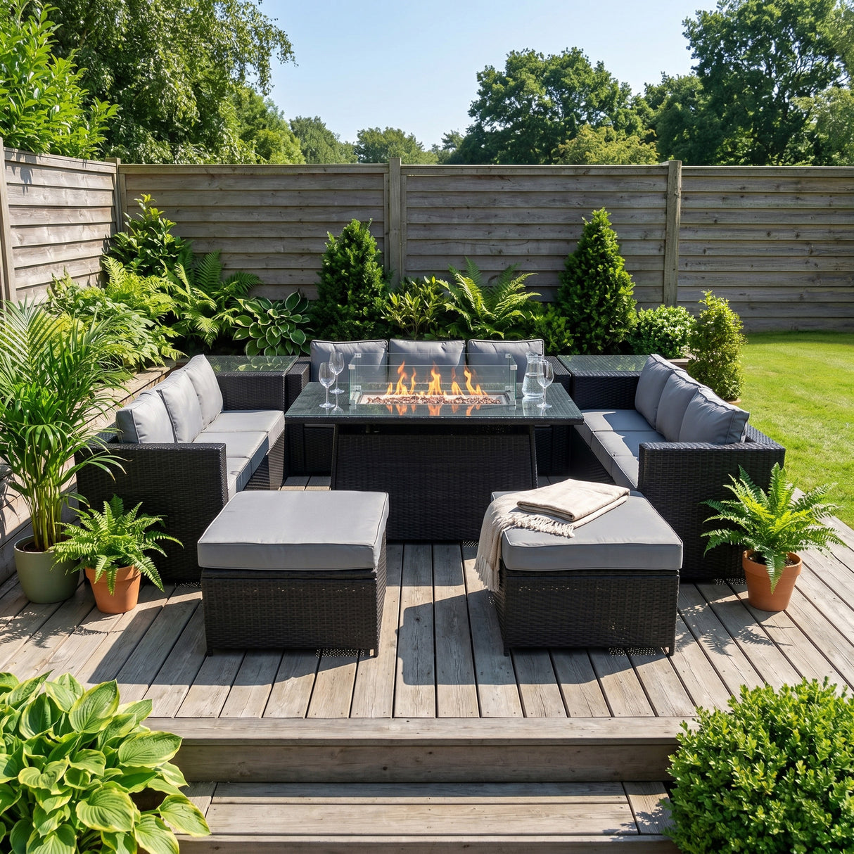 Conjunto de Jardim em Rattan 11 Lugares com Mesa de Fogo a Gás – Preto