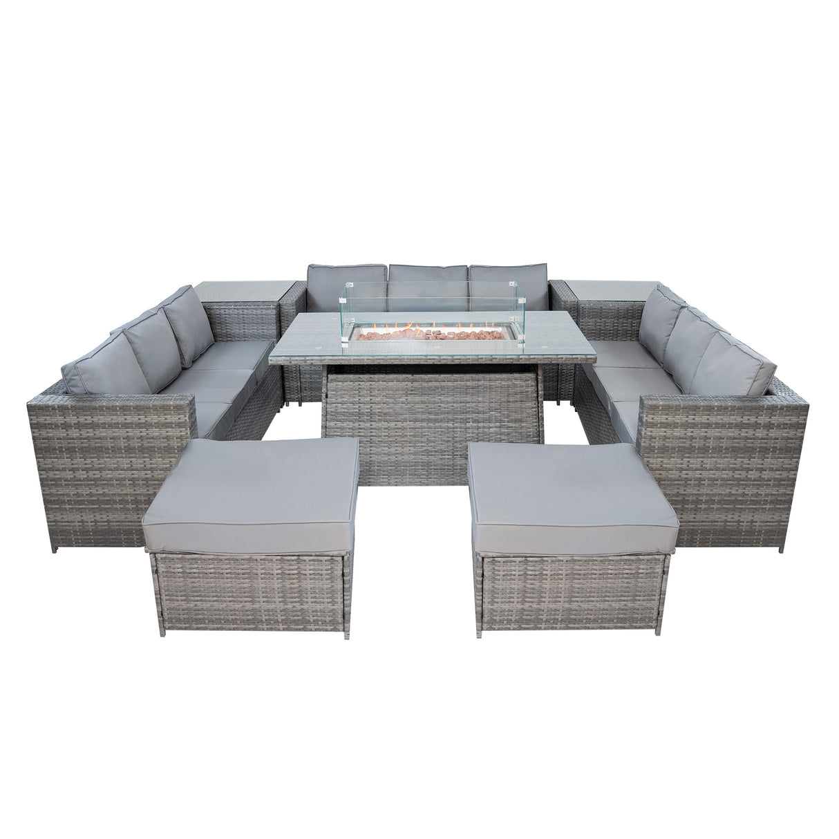 Conjunto de Jardim em Rattan 11 Lugares com Mesa de Fogo a Gás – Cinzento