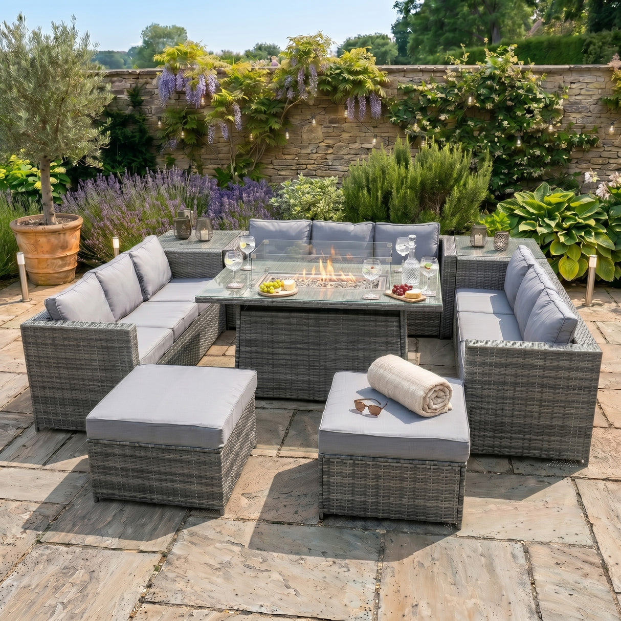 Conjunto de Jardim em Rattan 11 Lugares com Mesa de Fogo a Gás – Cinzento
