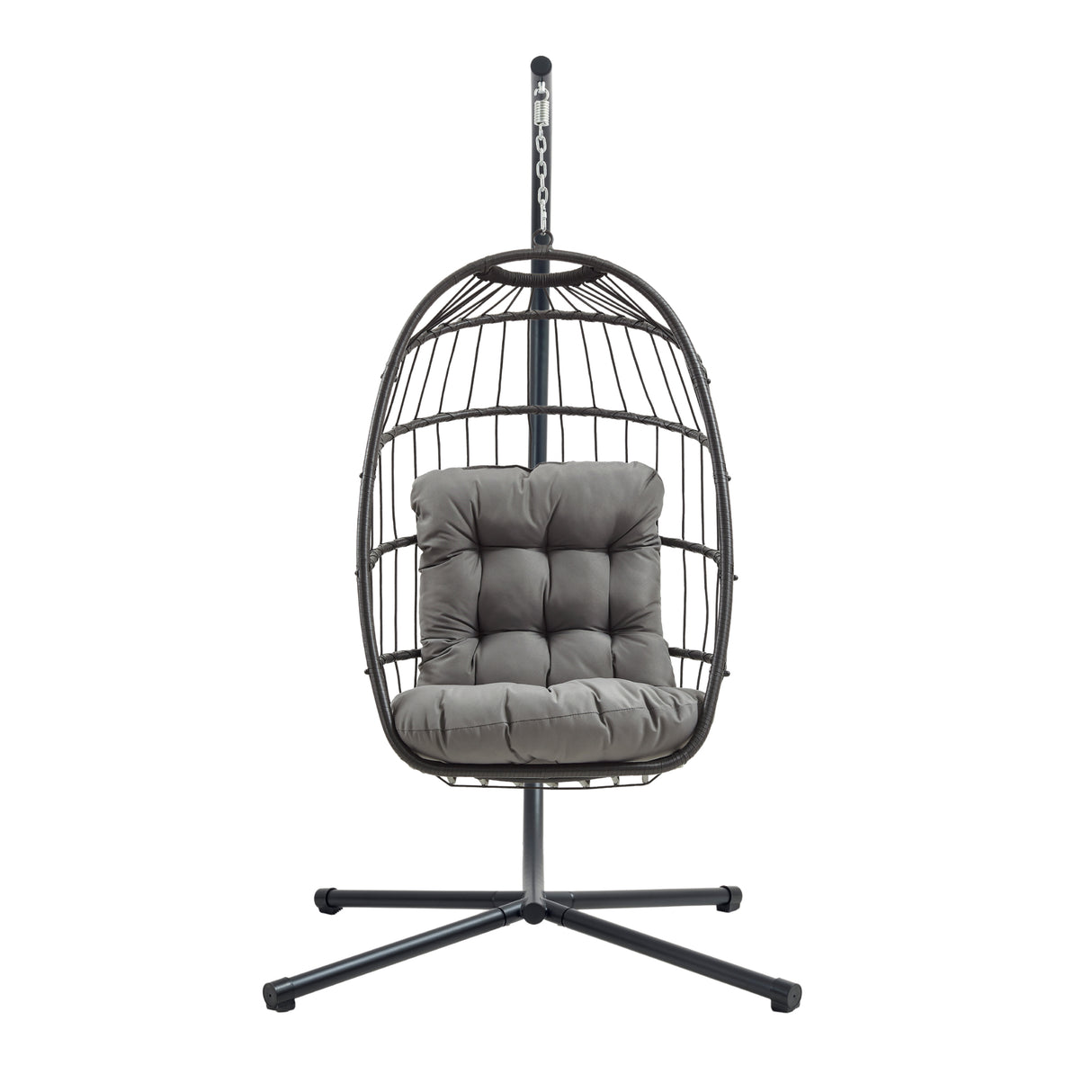 Cadeira suspensa tipo ovo em rattan preto, com estrutura metálica e almofada cinza acolchoada, ideal para relaxar e decorar ambientes