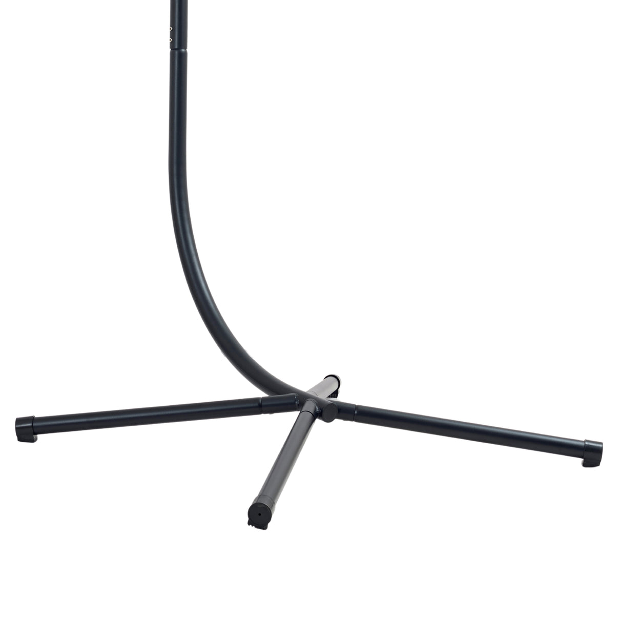 Base de suporte preta em metal para cadeira suspensa tipo ovo, com três pernas robustas e design curvado para estabilidade