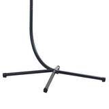 Base de suporte preta em metal para cadeira suspensa tipo ovo, com três pernas robustas e design curvado para estabilidade