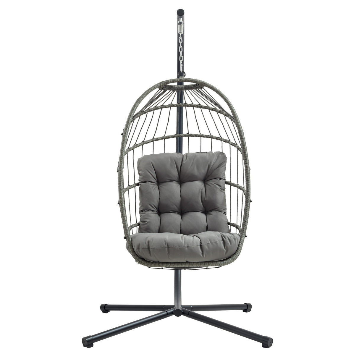 Cadeira suspensa tipo ovo em rattan cinzento, com estrutura metálica e almofada acolchoada, ideal para relaxar em ambientes internos ou externos