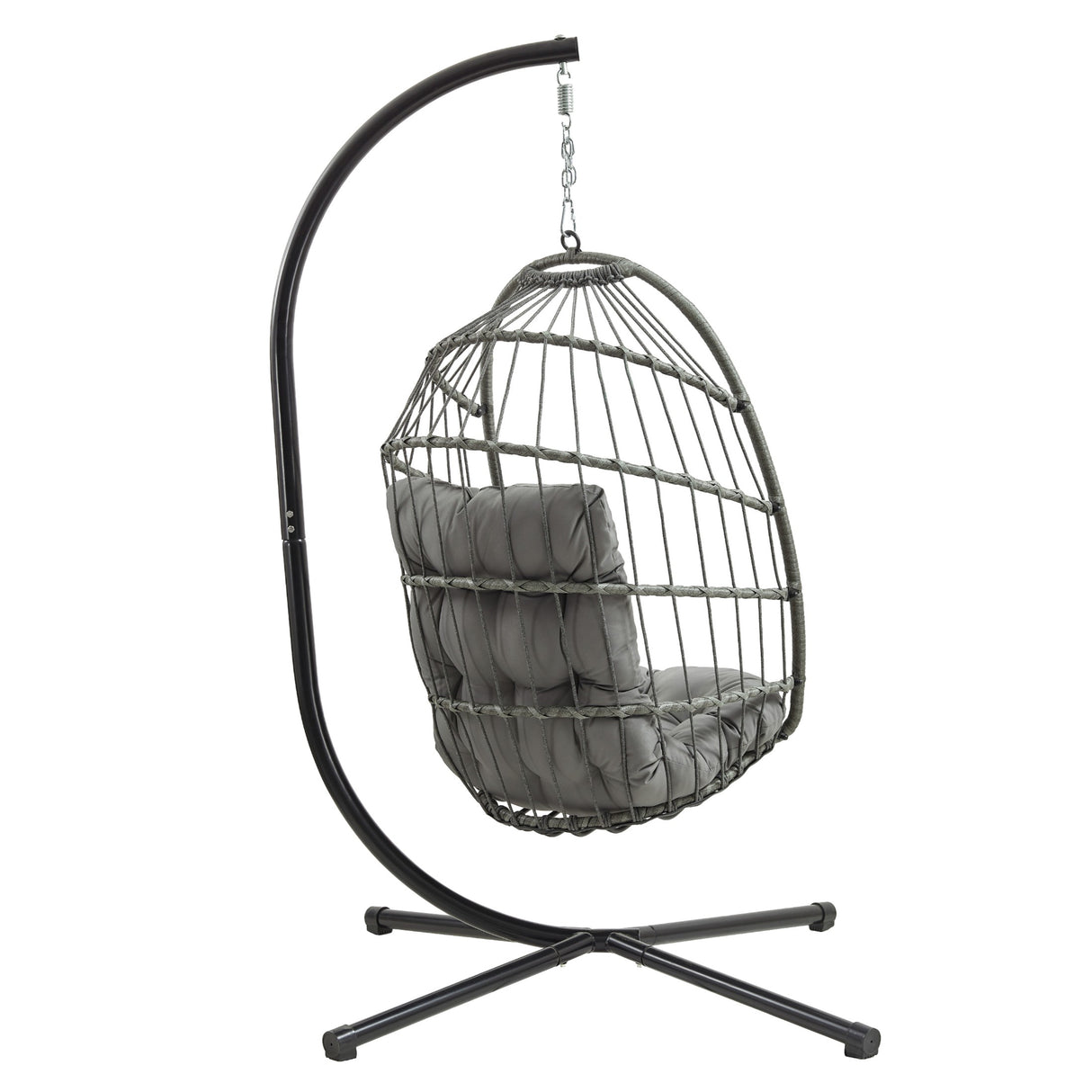 Cadeira suspensa tipo ovo em rattan cinzento, com estrutura metálica preta e almofada acolchoada, ideal para relaxar ao ar livre