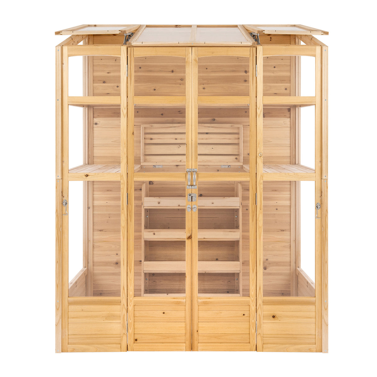 Estufa de madeira em estilo vitoriano, com acabamento natural, portas de vidro e prateleiras internas de madeira clara, ideal para jardinagem