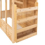 Estufa de madeira em estilo vitoriano, com acabamento natural, portas de vidro e estrutura em tábuas de pinho claro, ideal para cultivo de plantas