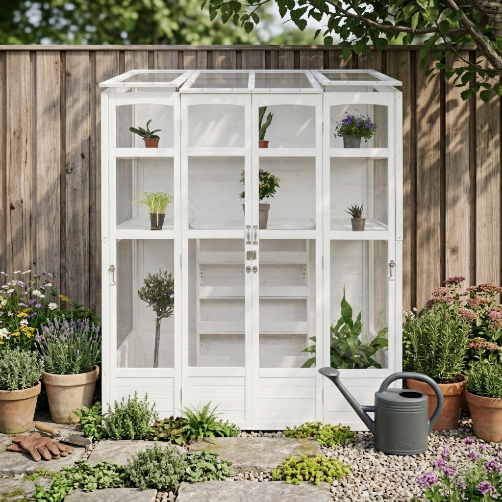 Estufa de madeira vitoriana branca com portas de vidro, plantas em vasos, cercada por flores e um regador cinza em um jardim verdejante