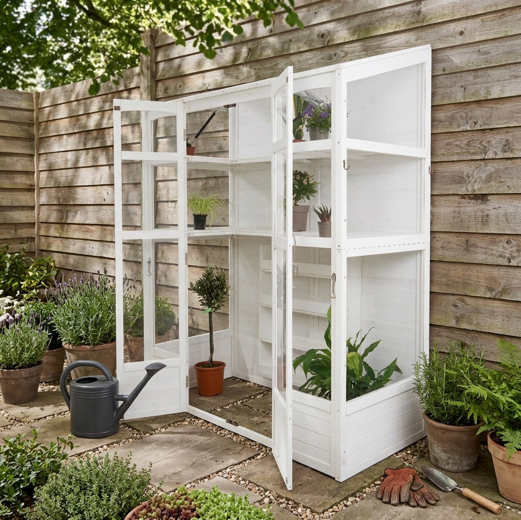 Estufa de madeira vitoriana branca com prateleiras internas, vidro transparente e detalhes elegantes, ideal para jardinagem em espaços externos