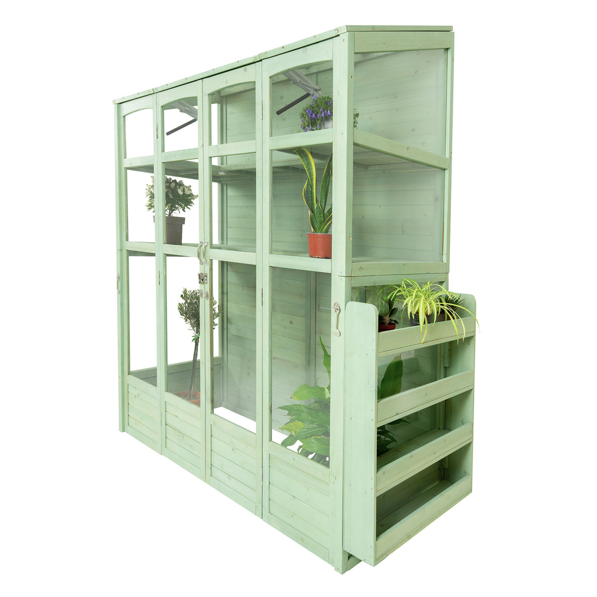 Estufa de madeira vitoriana verde, com prateleiras internas, portas de vidro e espaço para plantas, ideal para jardinagem em casa