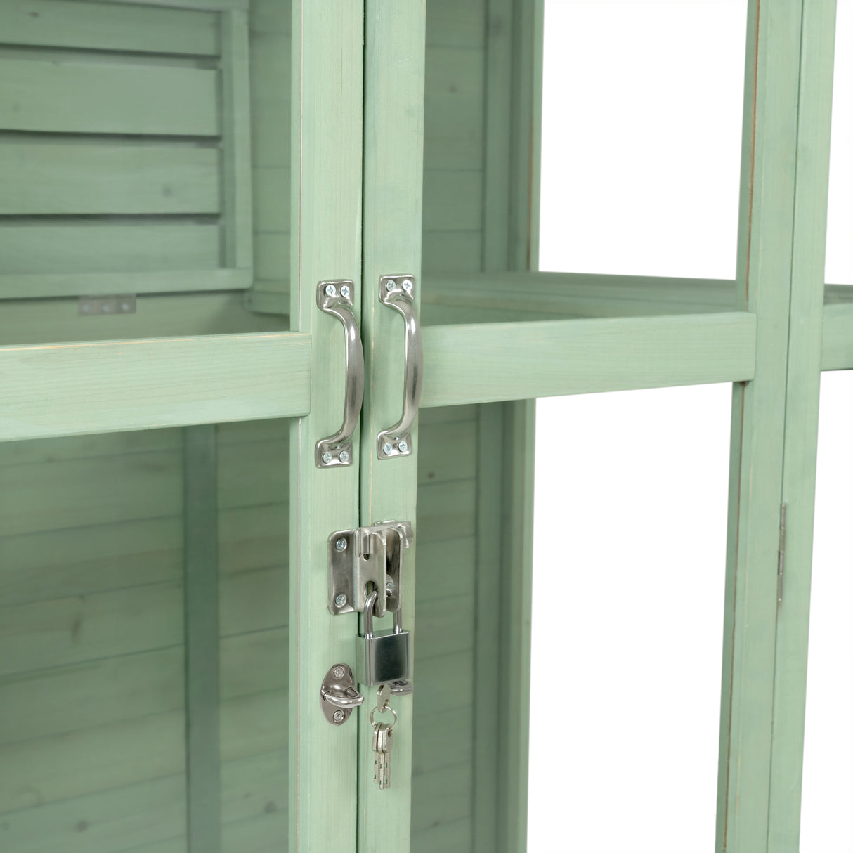 Estufa de madeira vitoriana verde, com portas de vidro, detalhes em metal prateado e acabamento texturizado, ideal para decoração
