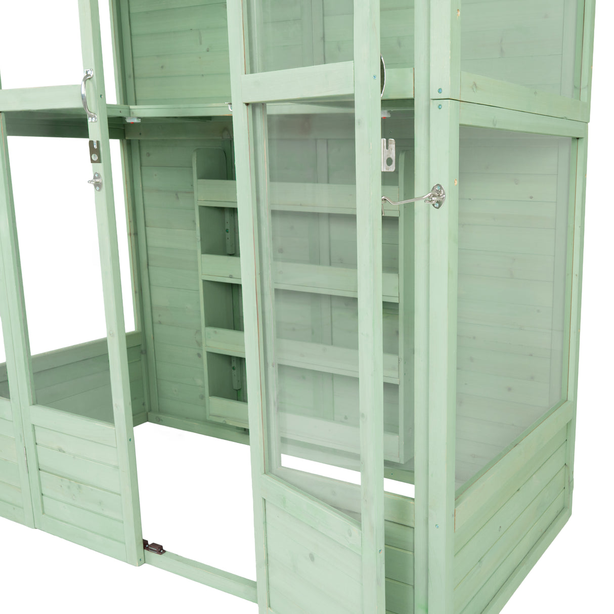 Estufa de madeira vitoriana verde com portas de vidro, prateleiras internas e acabamento texturizado, ideal para cultivo de plantas