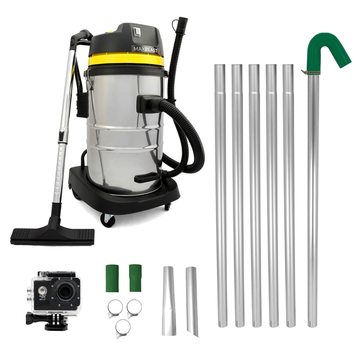 Kit de Limpeza de Calhas com Aspirador 50 L, Tubos Extensíveis e Câmara 4K