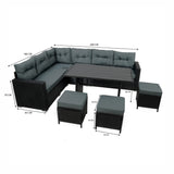Conjunto de Jardim em Ratã com Sofá de Canto e Mesa em Madeira Sintética – Preto