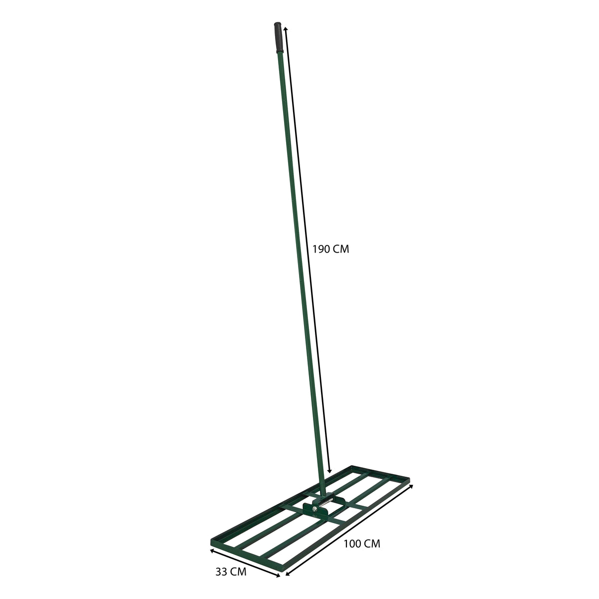 Nivelador de relva verde de 100 cm com estrutura metálica, cabo longo e base retangular, ideal para nivelar gramados e terrenos
