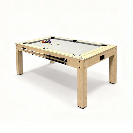 Mesa de jogos em carvalho clara, com superfície de feltro cinza, equipada para sete jogos e conjunto de dardos com luz LED
