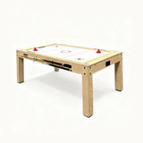 Mesa de jogos 7 em 1 em carvalho claro, com superfície branca, detalhes vermelhos e iluminação LED, ideal para diversão em grupo