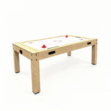 Mesa de jogos em carvalho clara, com superfície branca, detalhes em vermelho, ideal para diversas atividades recreativas e dardos