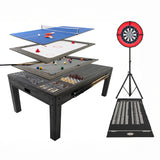 Mesa de jogos 7 em 1 cinza com superfície de madeira, dardos, luz LED e jogos como pingue-pongue e bilhar, ideal para diversão
