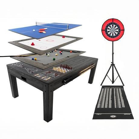 Mesa de jogos 7 em 1 cinza com superfície de madeira, dardos, luz LED e jogos como pingue-pongue e bilhar, ideal para diversão