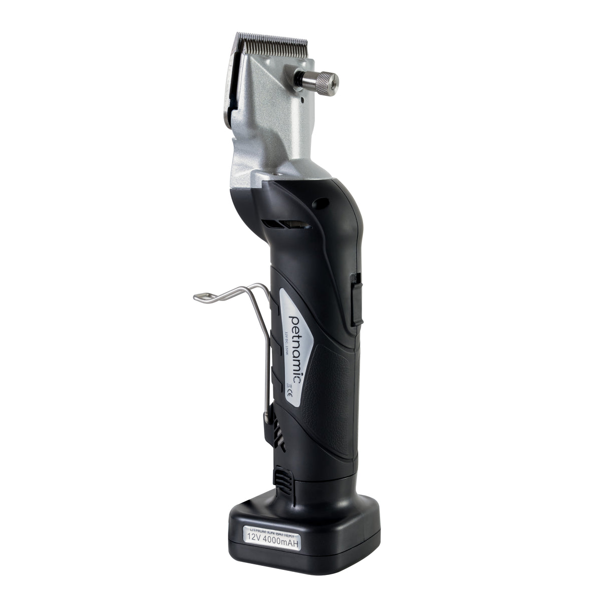 Máquina de cortar cabelo sem fio, com design ergonômico, corpo preto e lâmina prateada, ideal para uso profissional e doméstico