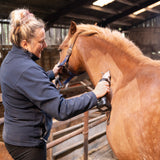 Mulher com cabelo preso, usando uma máquina de tosar para aparar a pelagem de um cavalo castanho em um estábulo iluminado