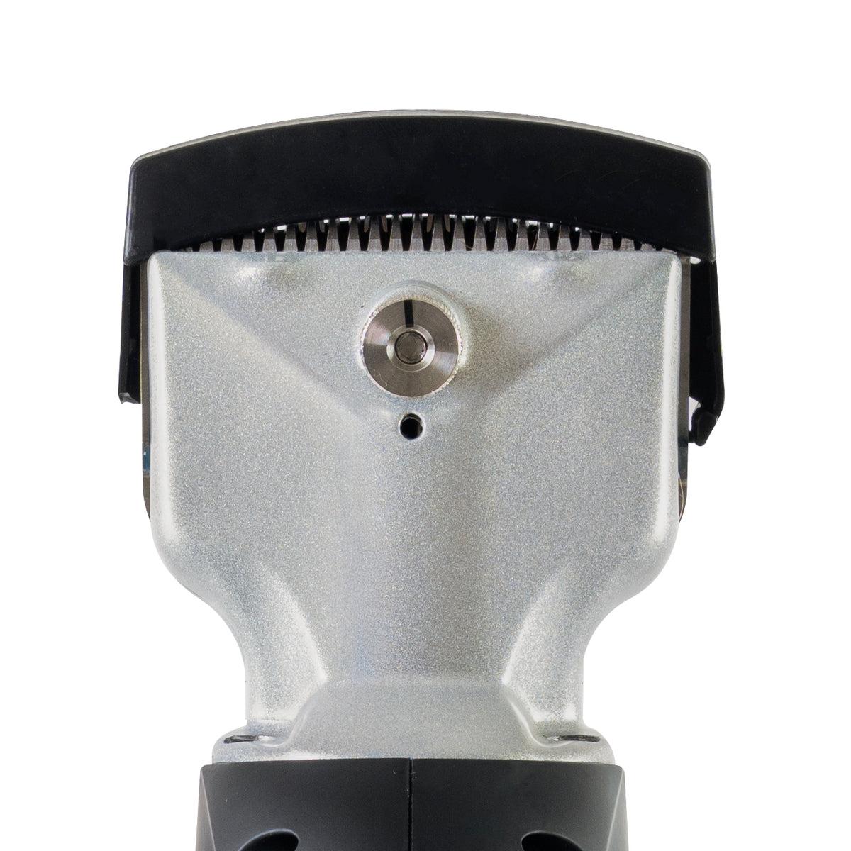 Máquina de tosquiar sem fios para cavalos, com corpo preto e detalhes prateados, lâmina afiada e design ergonômico para conforto