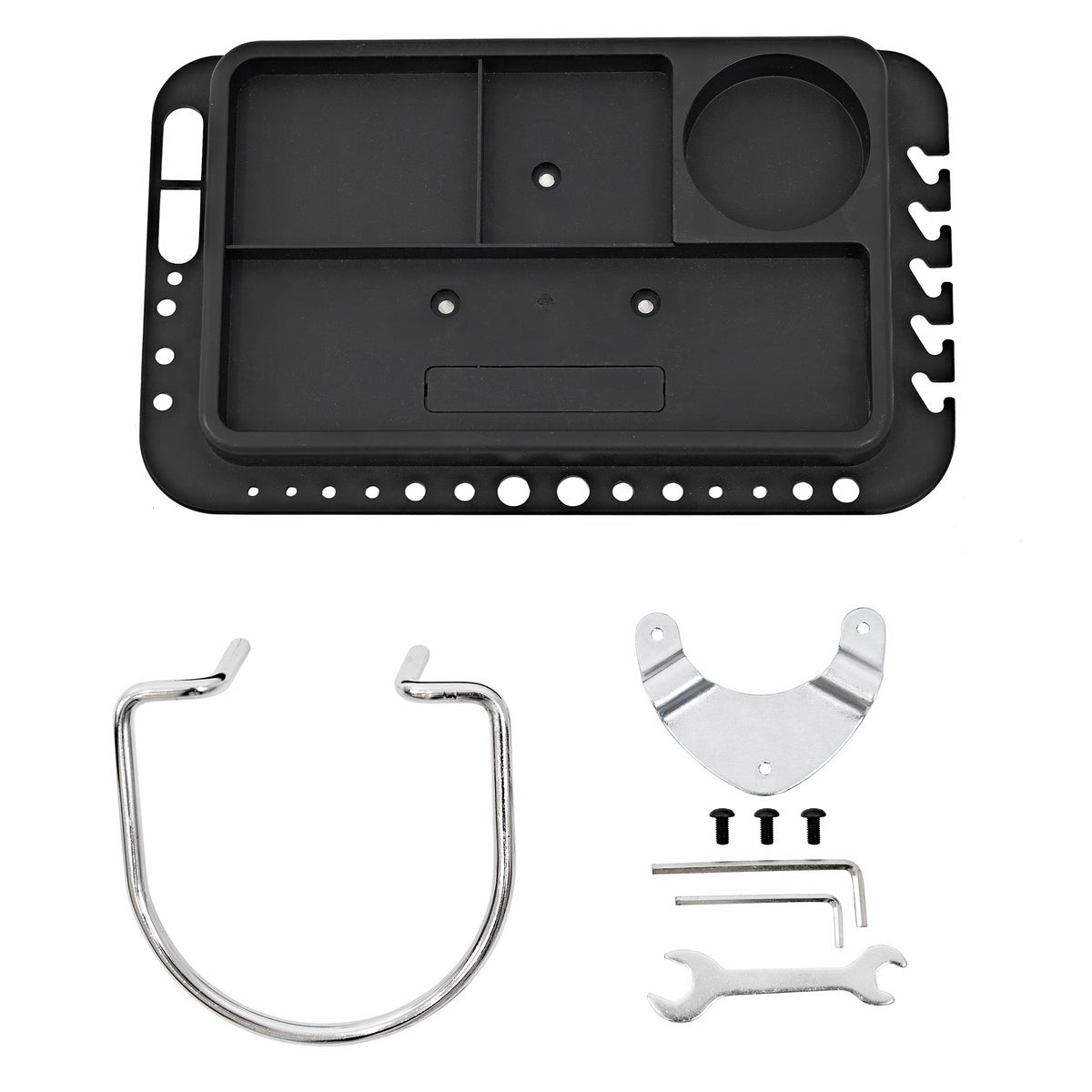 Suporte de oficina para bicicletas em preto, com compartimentos para ferramentas, ganchos e acessórios em metal prateado e plástico resistente