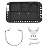Suporte de oficina para bicicletas em preto, com compartimentos para ferramentas, ganchos e acessórios em metal prateado e plástico resistente