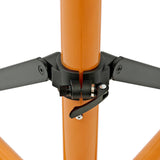 Suporte de oficina para bicicletas em laranja vibrante, com detalhes em preto, destacando a estrutura robusta e ajustável