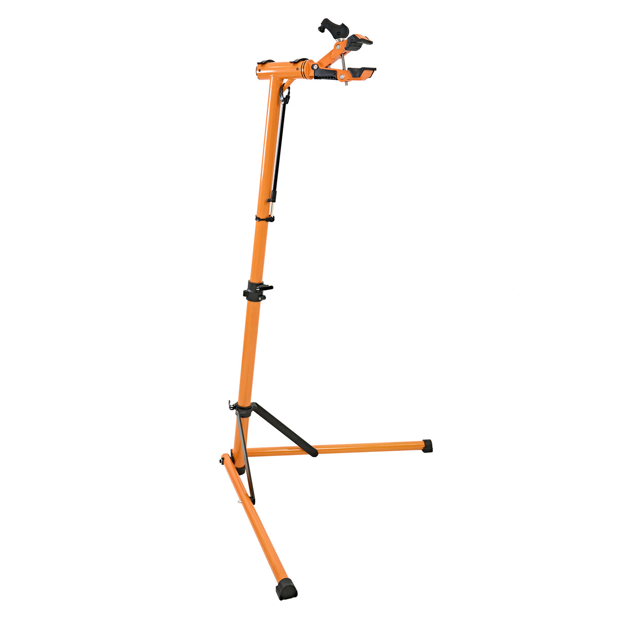 Suporte de oficina para bicicletas em laranja vibrante, com estrutura ajustável e garras pretas para fixação segura da bicicleta