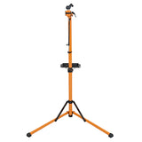 Suporte de oficina para bicicletas em laranja vibrante, com estrutura metálica, base tripé estável e prateleira para ferramentas