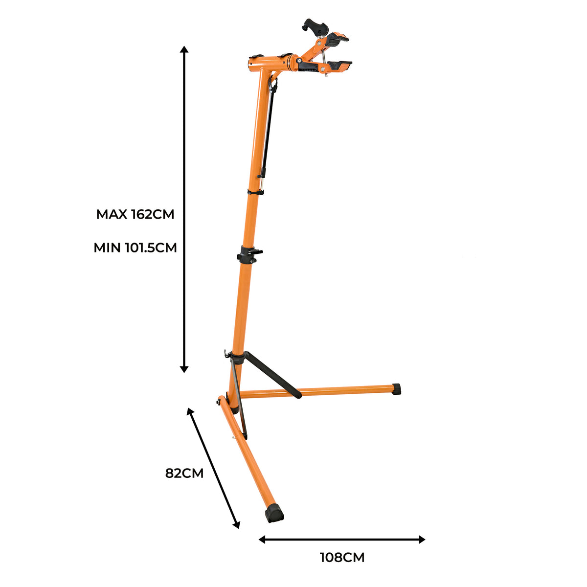 Suporte de oficina para bicicletas em laranja, ajustável de 101,5 cm a 162 cm, com base estável e garras para fixação segura