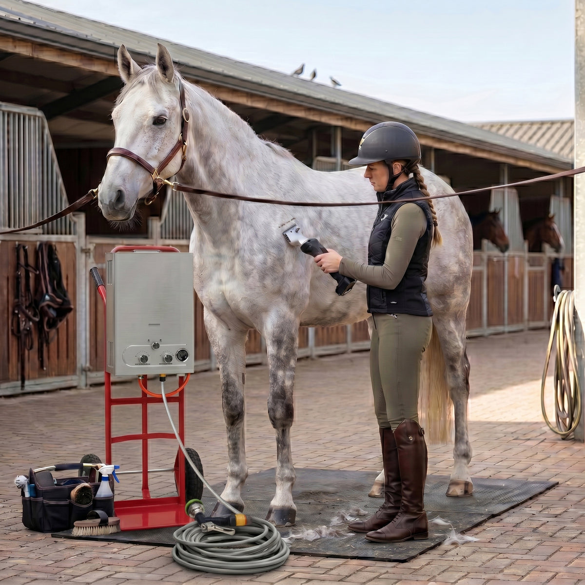 Duche portátil para cavalos em uso, com uma mulher vestindo roupa de equitação, escovando um cavalo cinza em estábulo iluminado